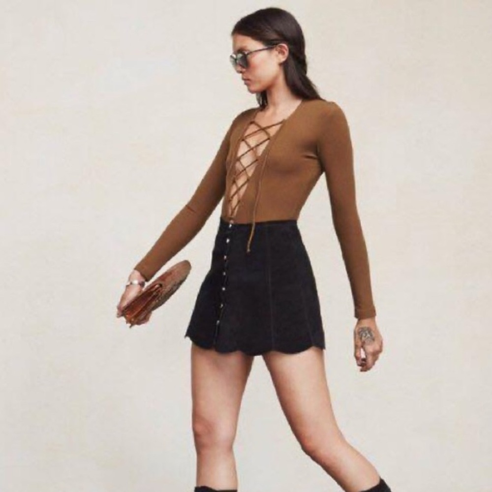 Reformation Avalon Crisscross Bodysuit, brown, large, long-sleeve, lace up